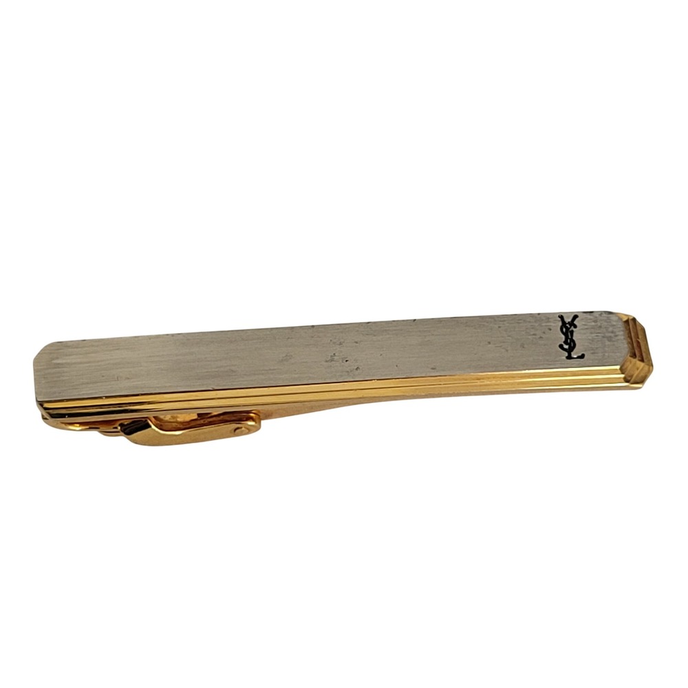 Yves Saint Laurent Vintage Two Tone Gold Silver YSL Logo Tie Bar Clip